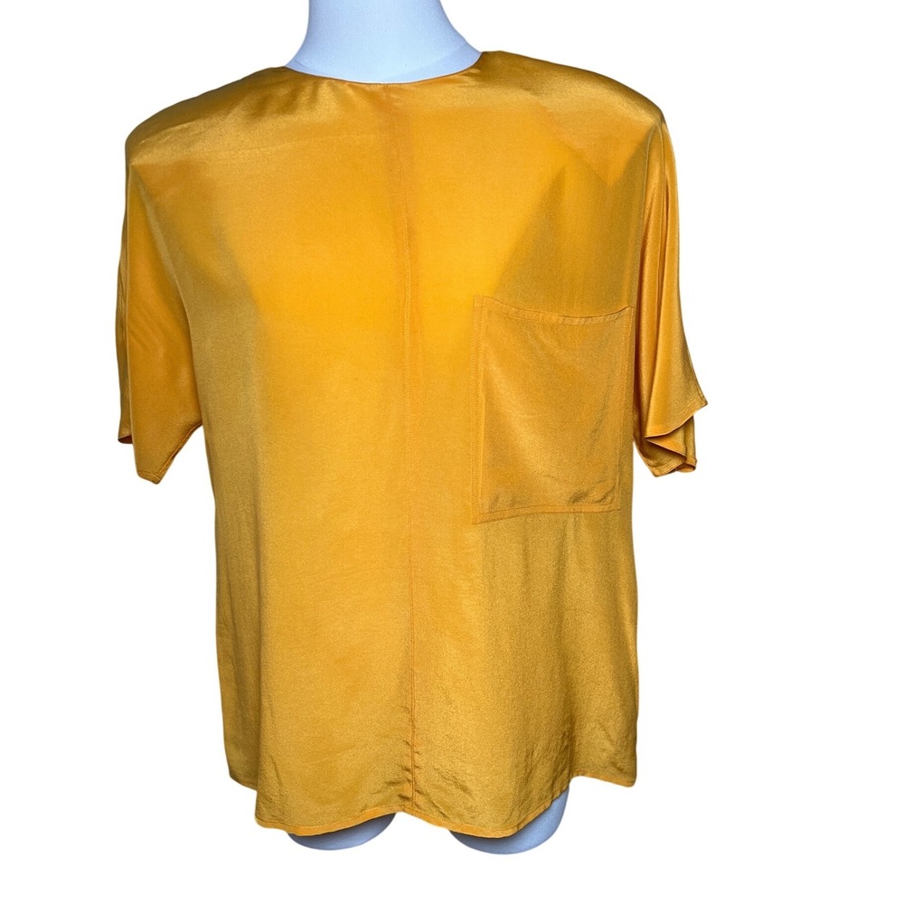 90s Silk Blouse Mustard Shoulder Pads Short Sleeve Ellen Tracy Womens 10